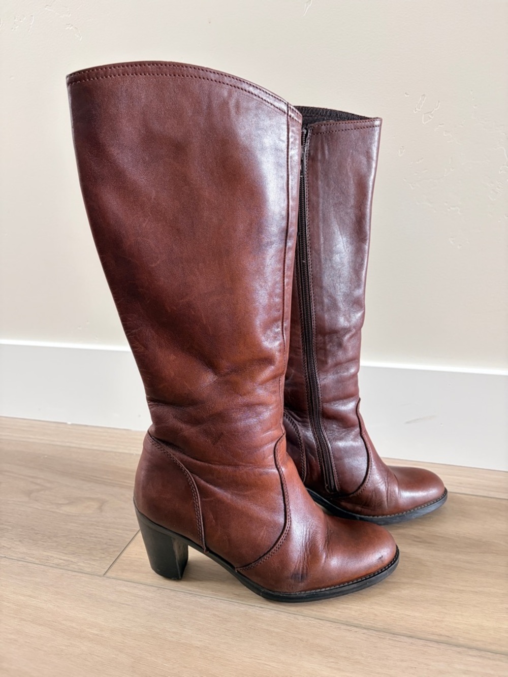 Chocolate Brown Leather Lavorazione Artigiana Heeled Boots Sz 38 / 8 Tall Knee